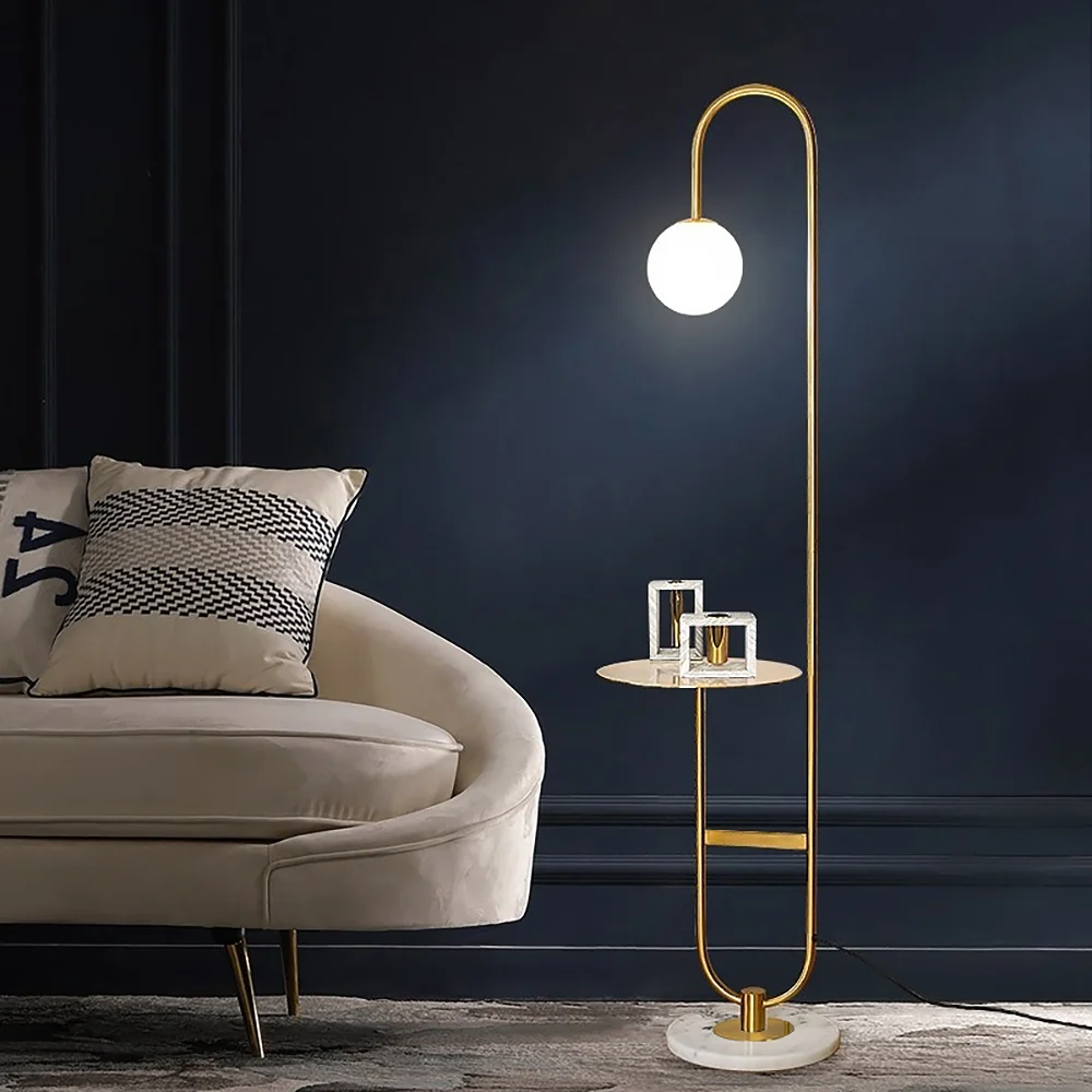 Modern Arc Floor Lamp with Shelf in Gold with Glass Shade & Marble Base